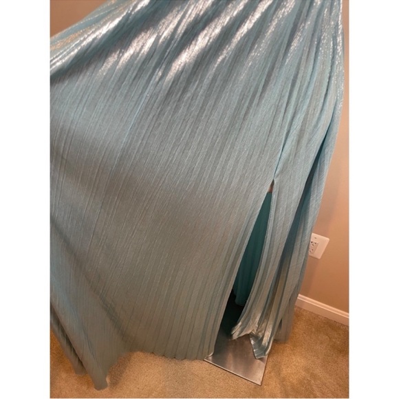 RETROFETE Zoa Strapless Pleated Metallic Blue Silver Maxi Dress Size XL - Picture 6 of 9